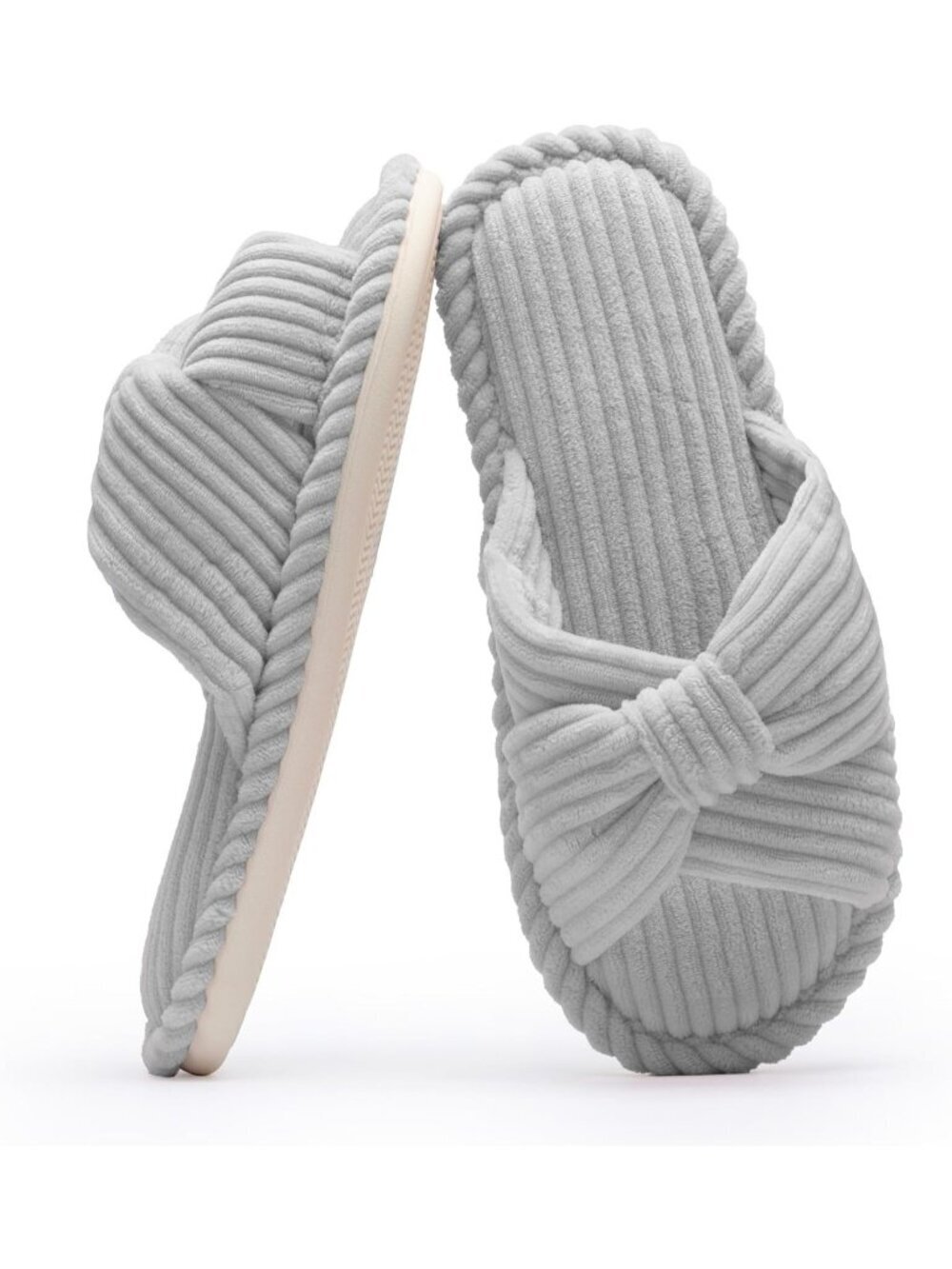 Women's Grey Corduroy Bow Cozy Comfortable Bedroom Spa Open Toe Slipper Shoes